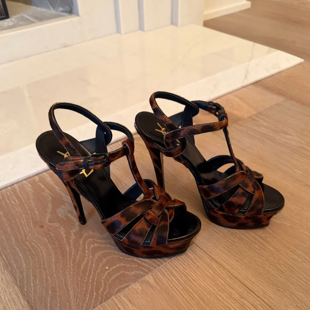 Saint Laurent Calf hair animal Print T strap High Heel Sandals 37.5 ✨ NEW - Picture 8 of 10